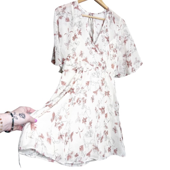 Lulus Women's Floral V-Neck Back Cut Out Neutral Flowy Sheer Ruffle Mini Dress - Picture 5 of 16